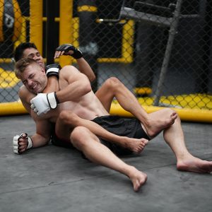 Two professional boxers fighting at the gym