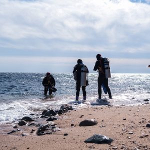 silhouettes of scuba divers on the seashore. depth explorers prepare to dive to the bottom